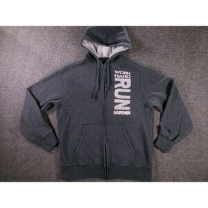 Sport Tek Hoodie Mens M Full Zip Fleece Lined RUN Harder Graphic Gray Kangaroo